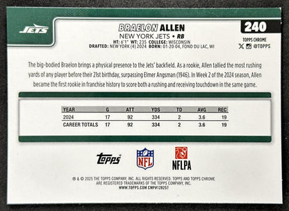 Braelon Allen 2025 Topps Chrome Sapphire Jets back