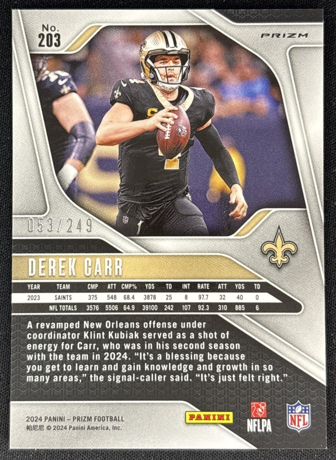 Derek Carr 2024 Panini Prizm Orange /249 Saints Back