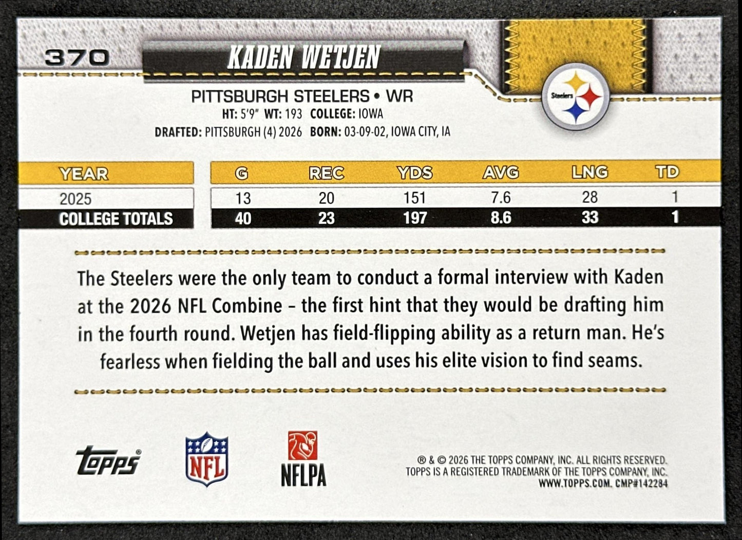 Kaden Wetjen 2026 Topps Flagship Rookie Steelers Sports Trading Card