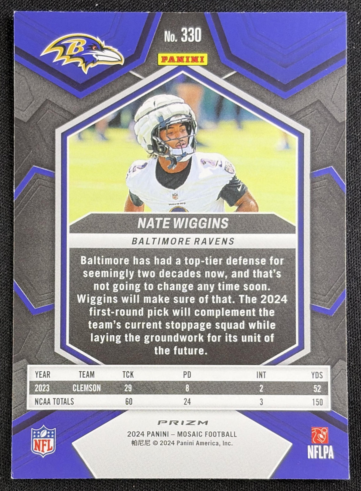 Nate Wiggins 2024 Panini Mosaic Prizm Ravens Sports Trading Card