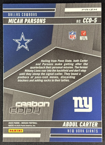 Abdul Carter Micah Parsons 2025 Panini Mosaic Carbon Copy Silver Prizm