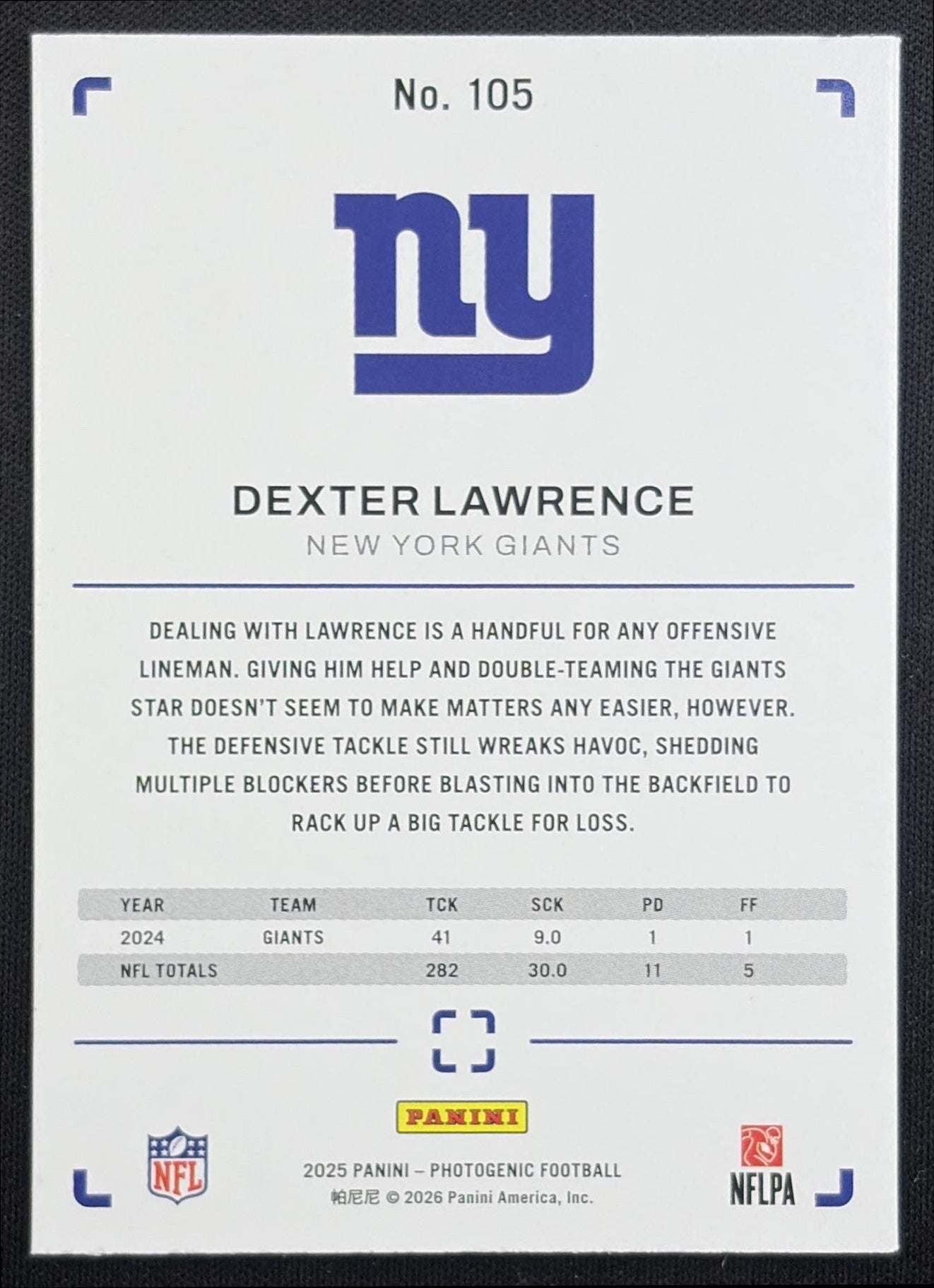 Dexter Lawrence 2025 Panini PhotoGenic Horizontal Red /125 Giants New York Giants back