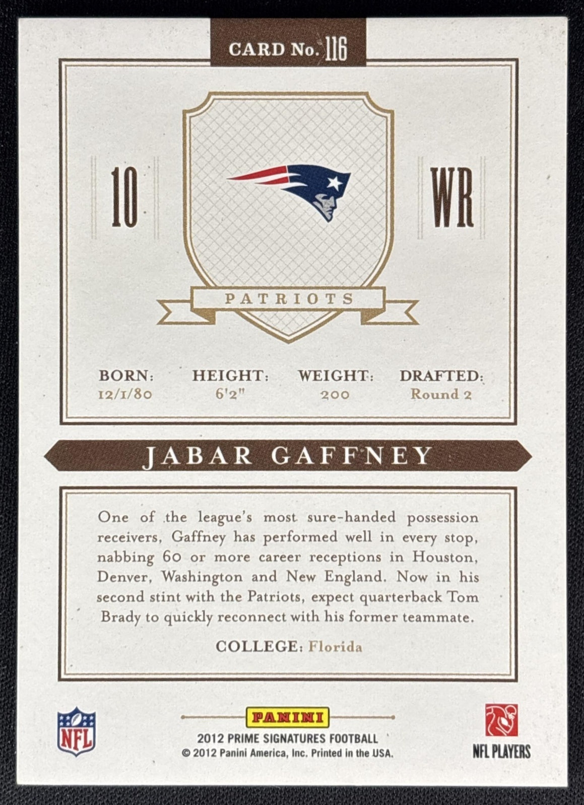 Jabar Gaffney 2012 Panini Prime Signatures /499 Redskins back