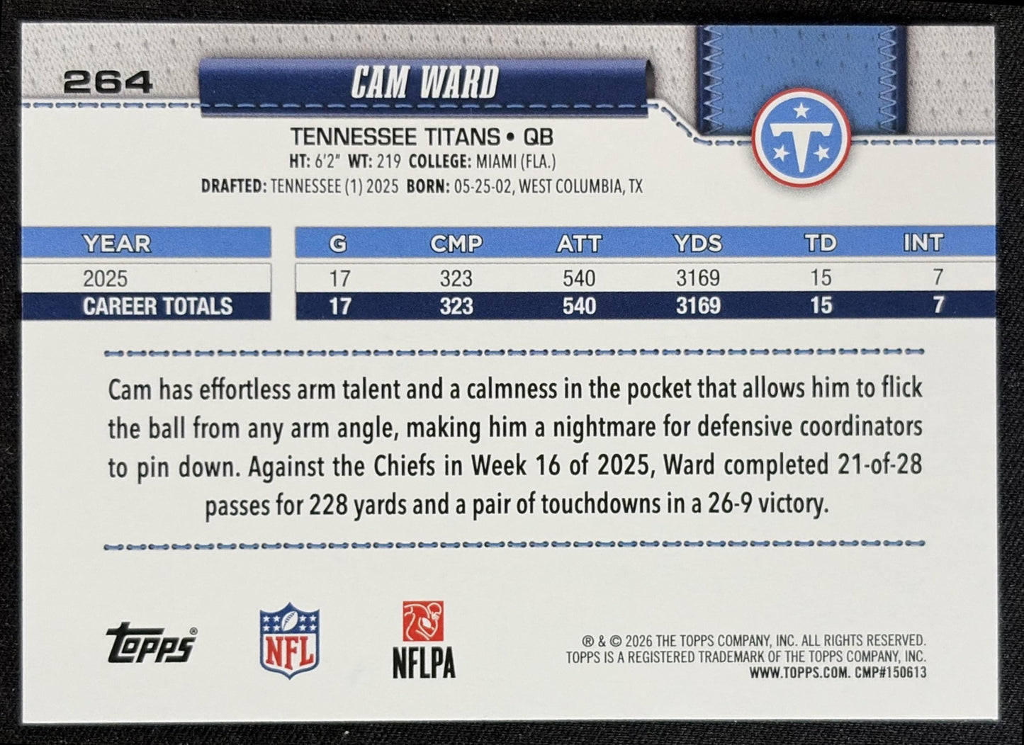 Cam Ward 2026 Topps Rainbow Foil Titans back