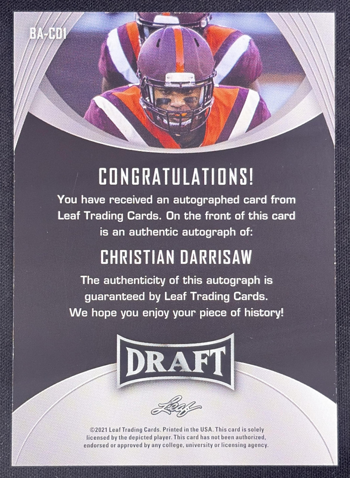 Christian Darrisaw 2021 Leaf Draft Auto Hokies