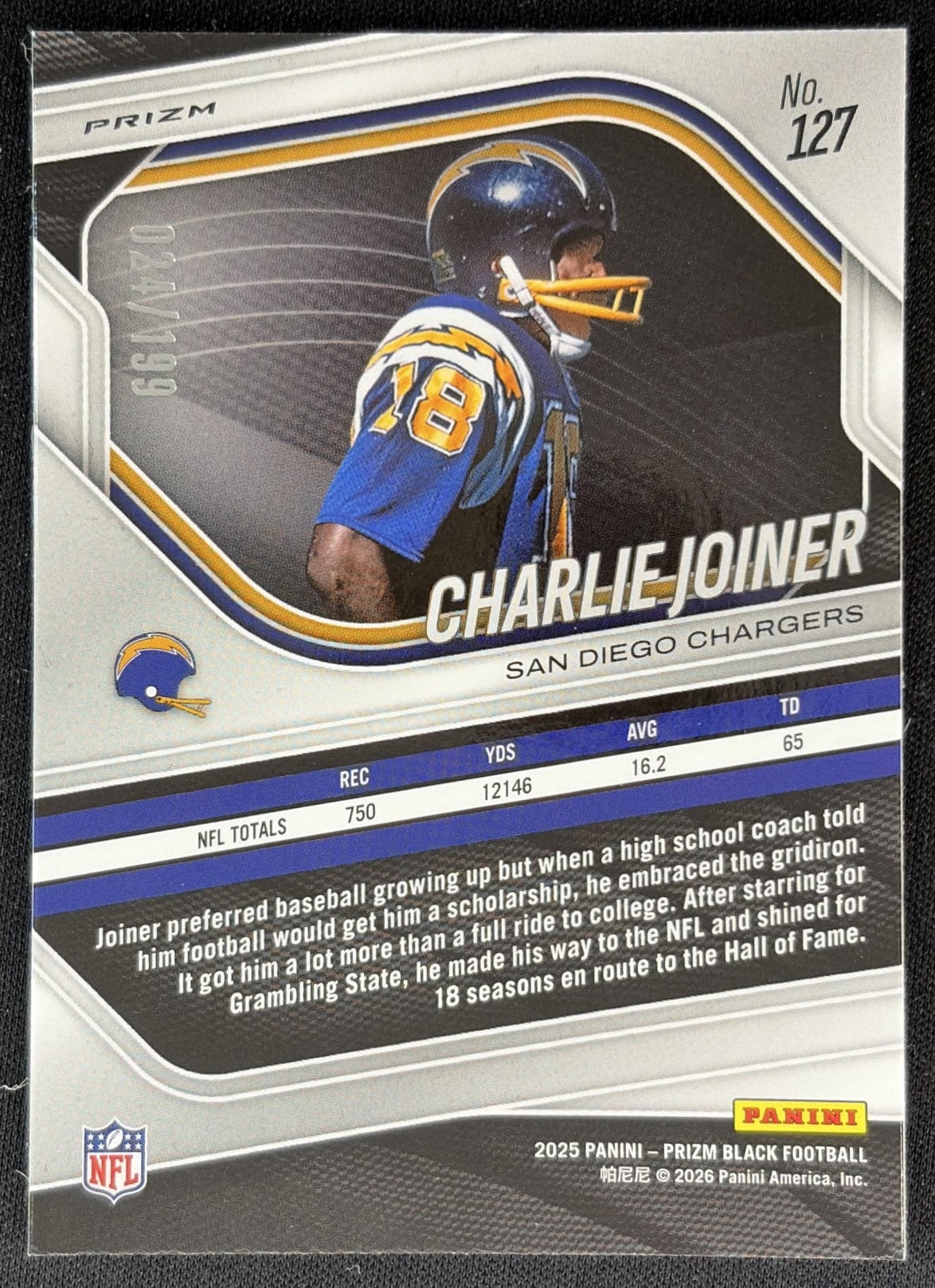 Charlie Joiner 2025 Panini Prizm Black Blue /199 Chargers Back
