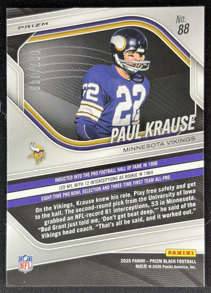Paul Krause 2025 Panini Prizm Black Purple Ice /149 Vikings Back