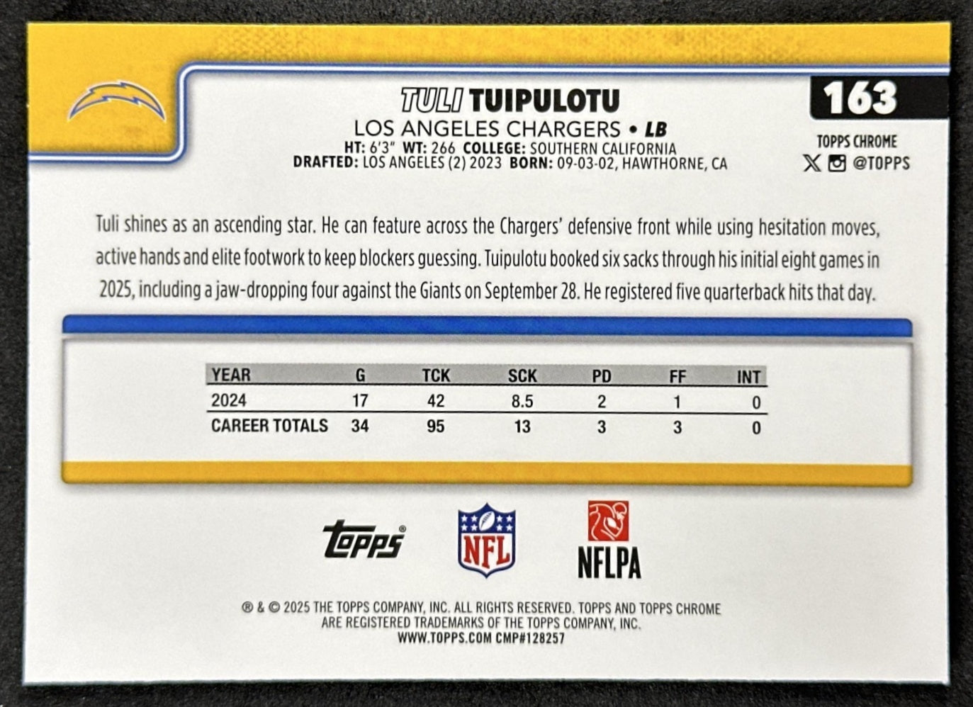 Tuli Tuipulotu 2025 Topps Chrome Sapphire Chargers