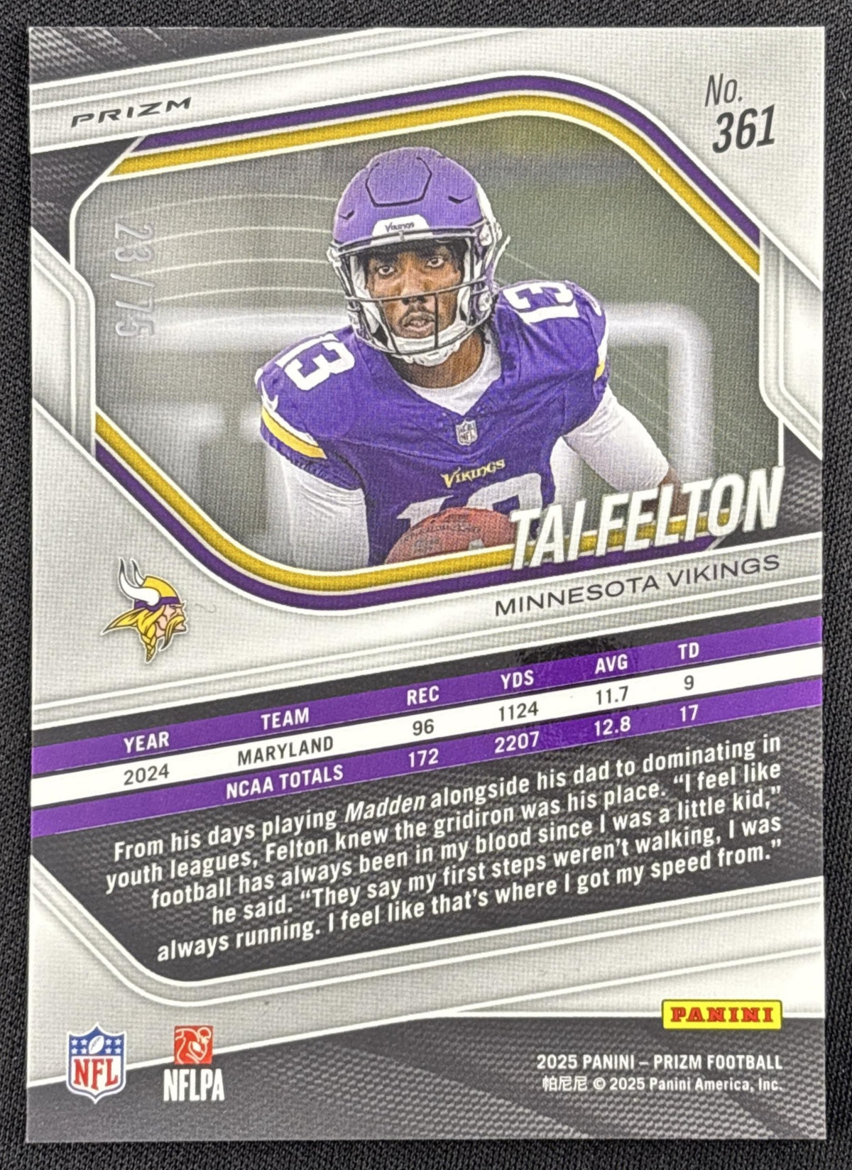 Tai Felton 2025 Panini Prizm No Huddle Purple /75 Vikings