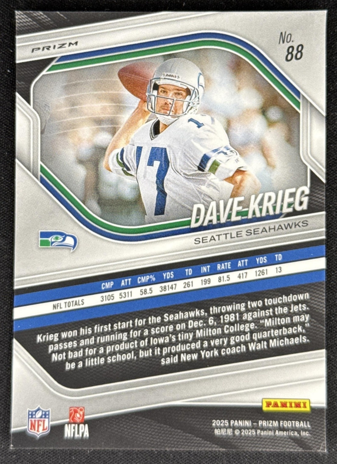 Dave Krieg 2025 Panini Prizm Green Flash Seahawks Sports Trading Card