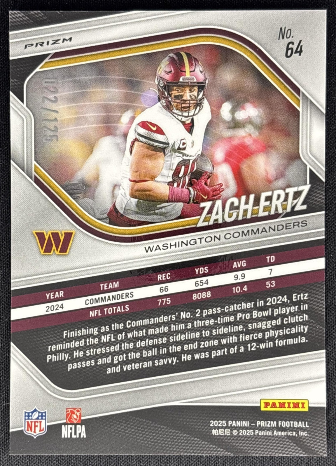 Zach Ertz 2025 Panini Prizm No Huddle Blue /125 Commanders Sports Trading Cards