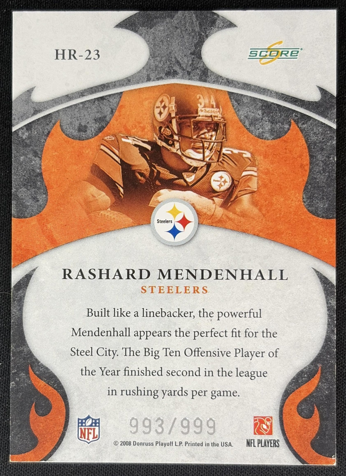 Rashard Mendenhall 2008 Score Hot Rookies Scorecard /999 Steelers back