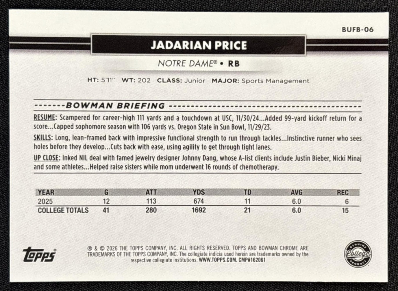 Jadarian Price 2026 Topps NSCC Collection Bowman U Chrome Sports Trading Cards