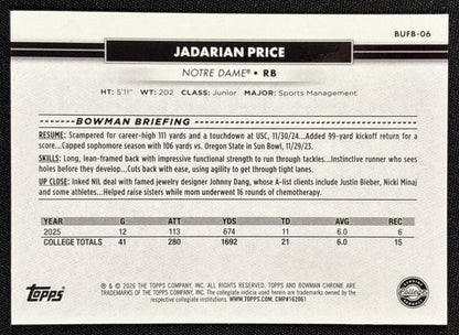 Jadarian Price 2026 Topps NSCC Collection Bowman U Chrome Sports Trading Cards