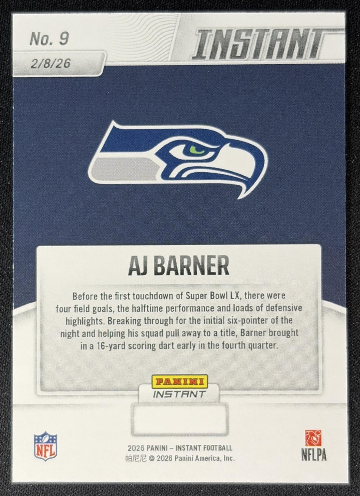 AJ Barner 2026 Panini Instant Super Bowl LIX Champions Seattle Seahawks back