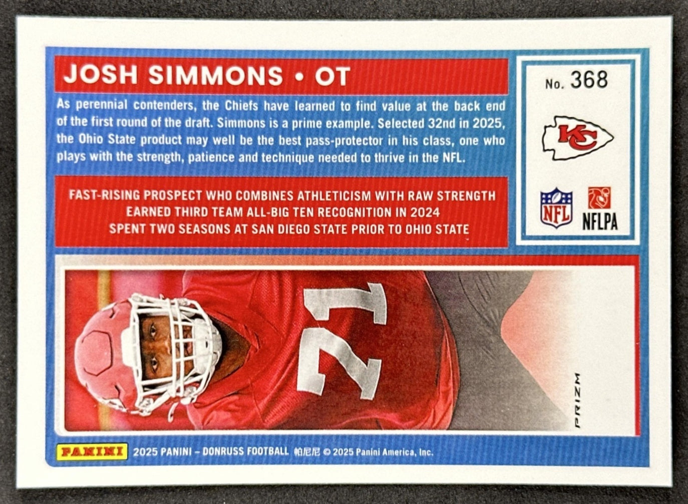 Josh Simmons 2025 Panini Donruss Optic Rated Rookie Preview Red Wave Chiefs back sports trading card