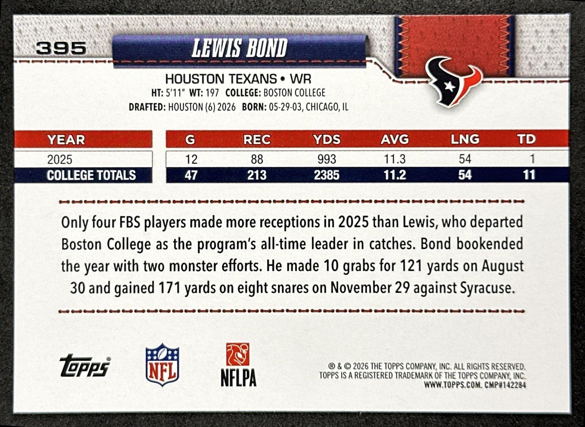 Lewis Bond 2026 Topps Flagship Rookie Texans Sports Trading Cards