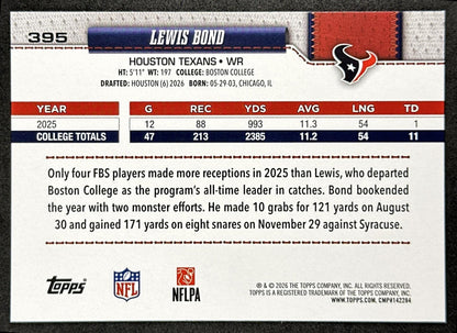 Lewis Bond 2026 Topps Flagship Rookie Texans Sports Trading Cards