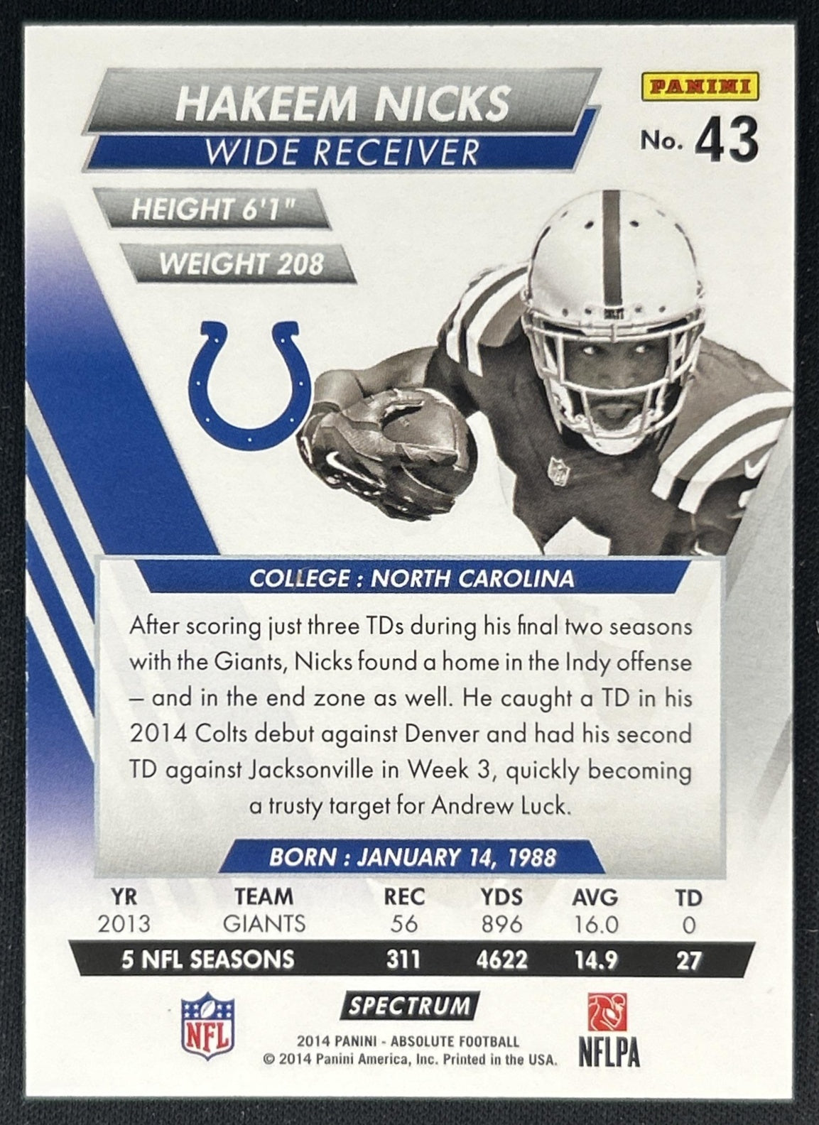 Hakeem Nicks 2014 Panini Absolute Spectrum Silver /99 Colts back