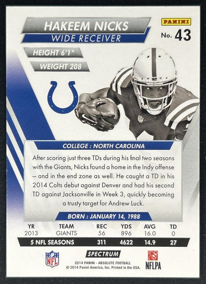 Hakeem Nicks 2014 Panini Absolute Spectrum Silver /99 Colts back