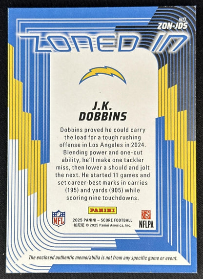 J.K. Dobbins 2025 Panini Score Zoned In Jerseys Chargers 1