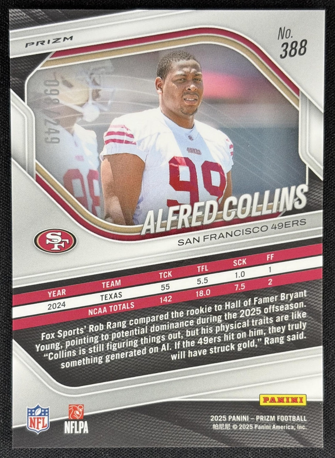 Alfred Collins 2025 Panini Prizm Orange /249 49ers