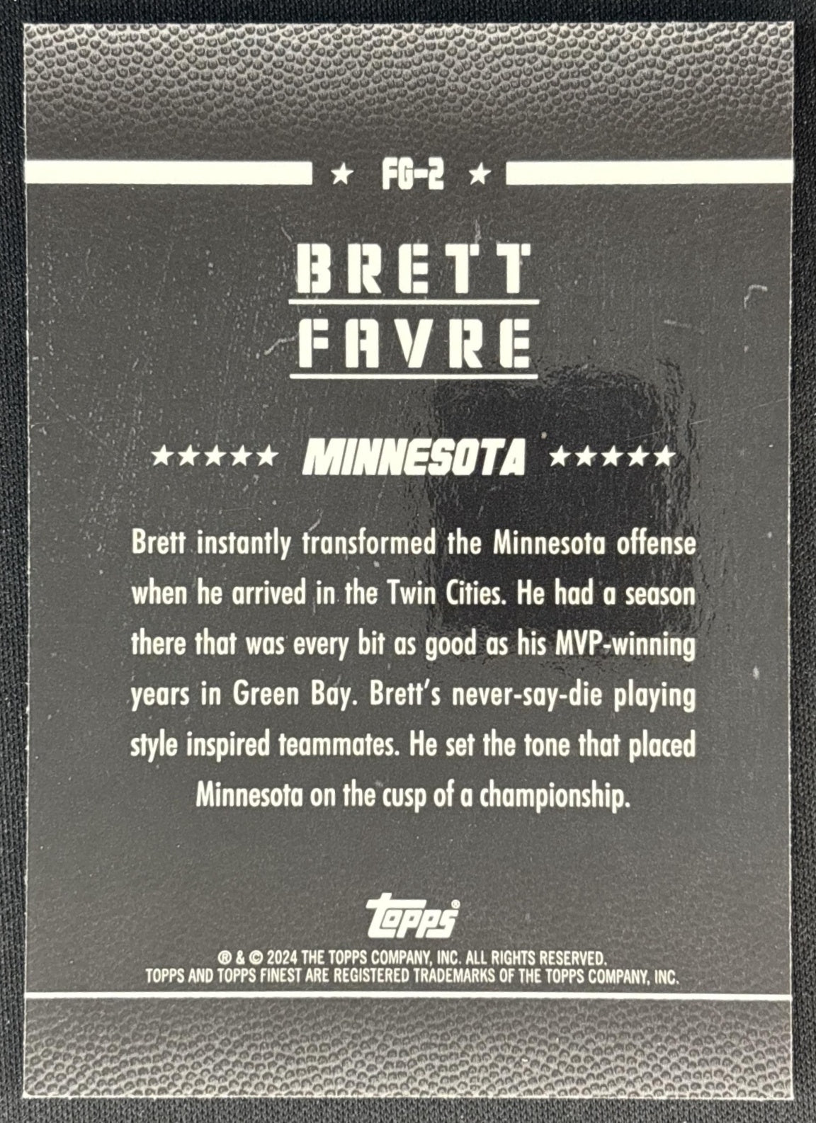 Brett Favre 2024 Topps Finest Field Generals Purple Refractor /125 Vikings back