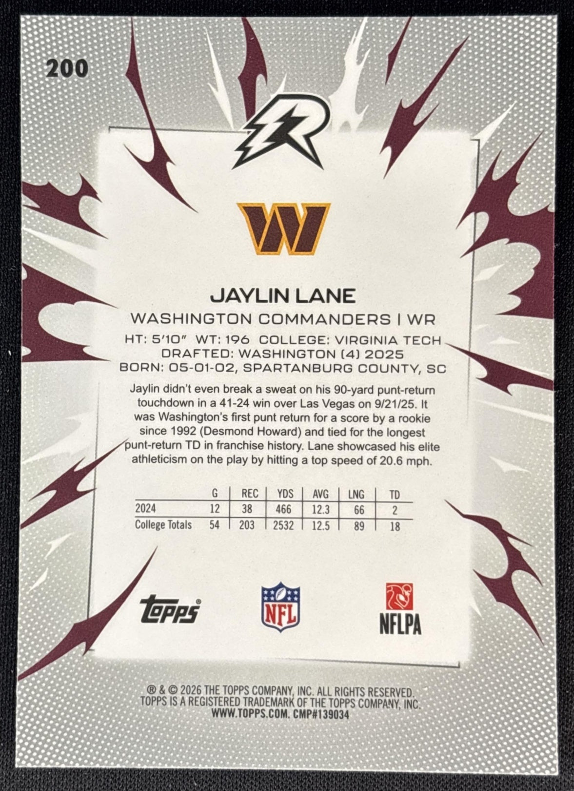 Jaylin Lane 2025 Topps Resurgence Commanders Sports Trading Cards