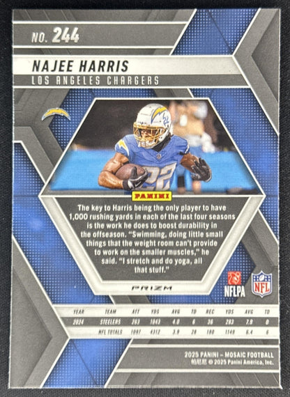 Najee Harris 2025 Panini Mosaic No Huddle Silver Prizm Chargers Sports Trading Cards