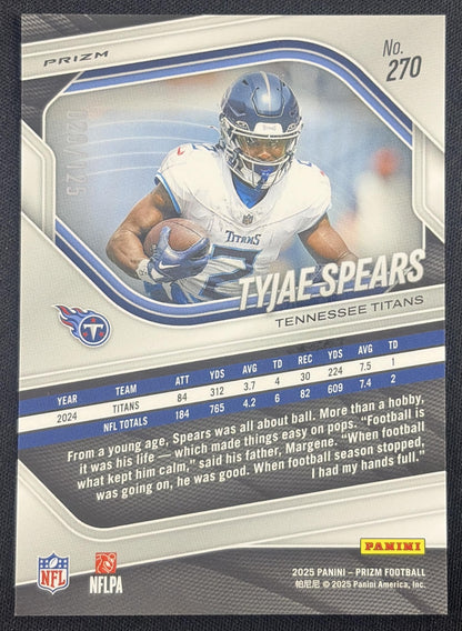 Tyjae Spears 2025 Panini Prizm No Huddle Blue /125 Titans Sports Trading Card