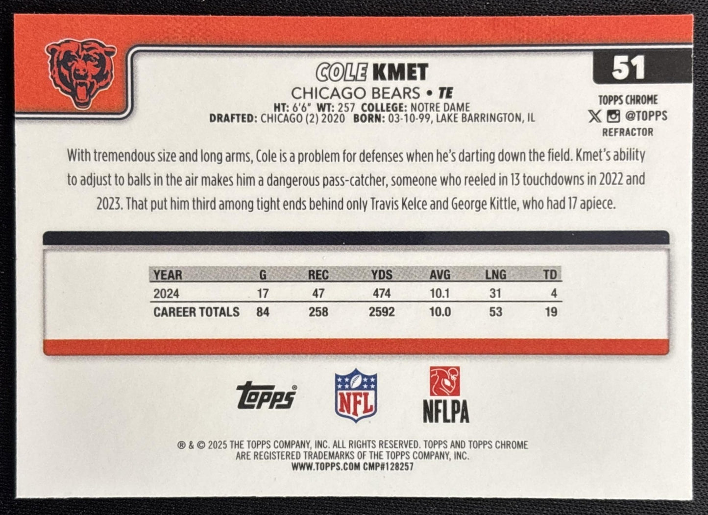 Cole Kmet 2025 Topps Chrome Refractor Bears Sports Trading Cards