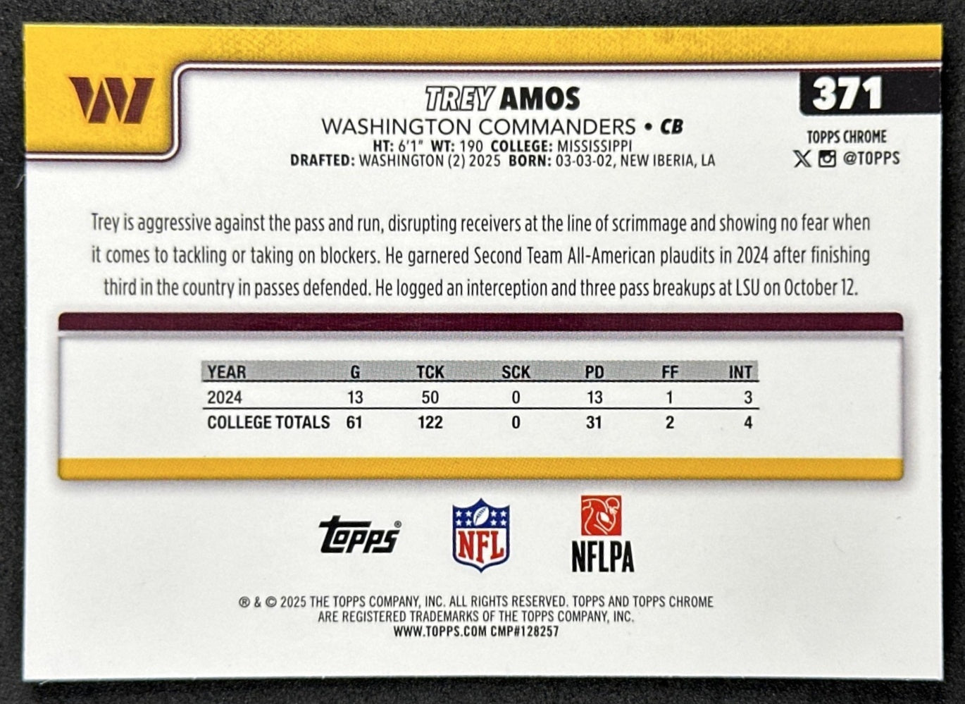 Trey Amos 2025 Topps Chrome Sapphire Commanders Sports Trading Card