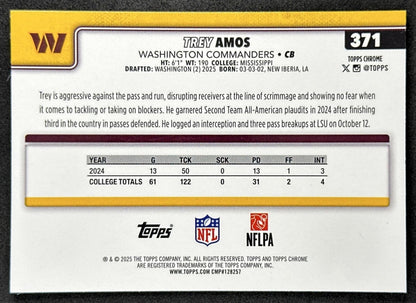 Trey Amos 2025 Topps Chrome Sapphire Commanders Sports Trading Card
