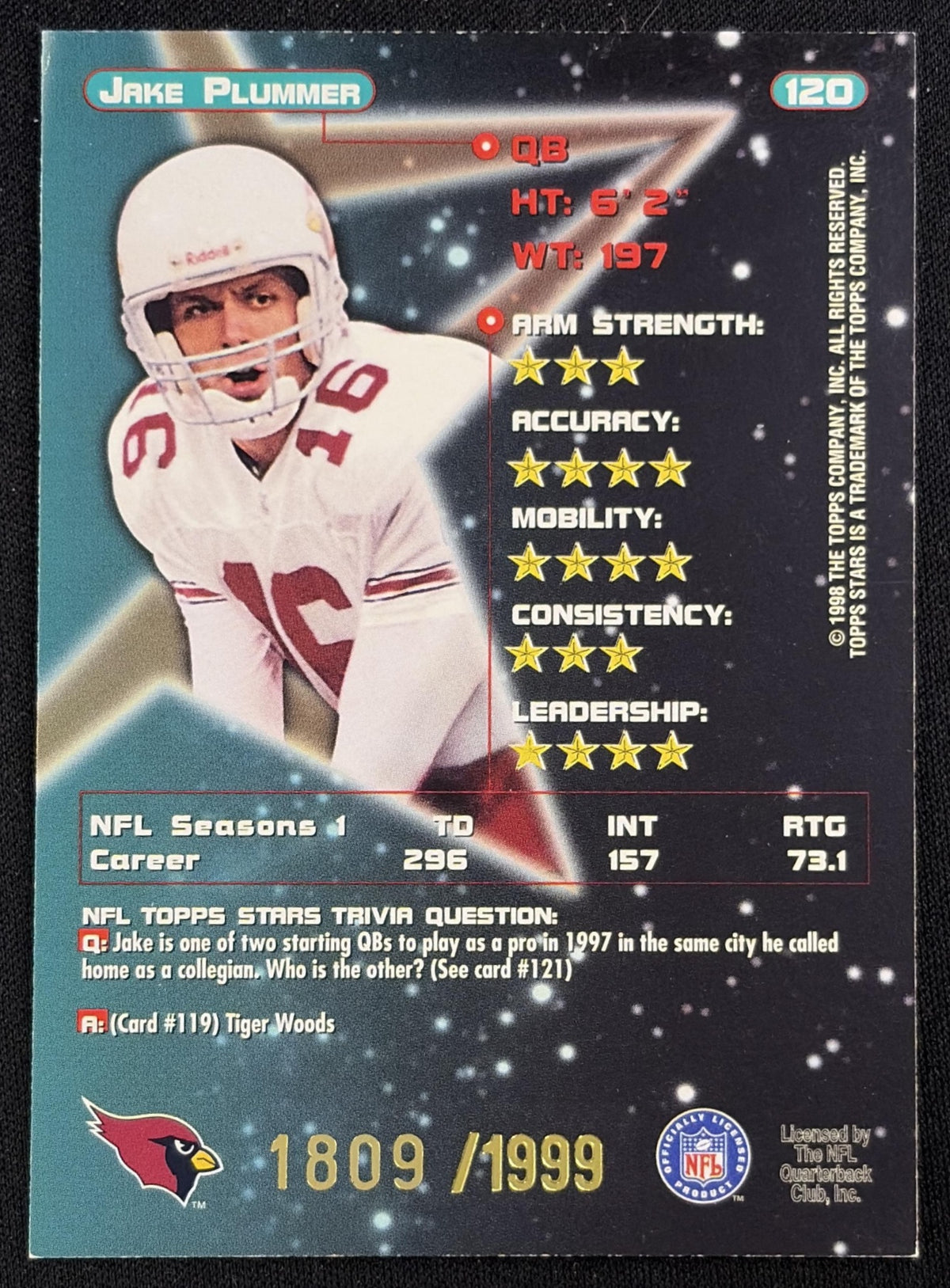 Jake Plummer 1998 Topps Stars Gold Star /1999 Cardinals sports trading card back