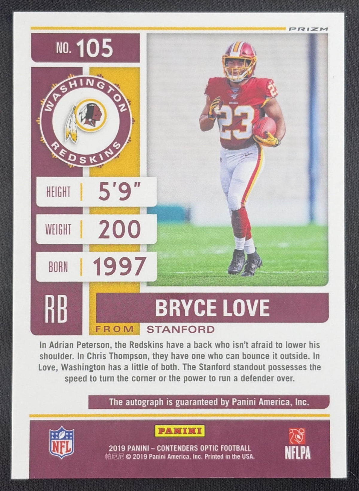Bryce Love 2019 Panini Contenders Optic Rookie Auto Redskins