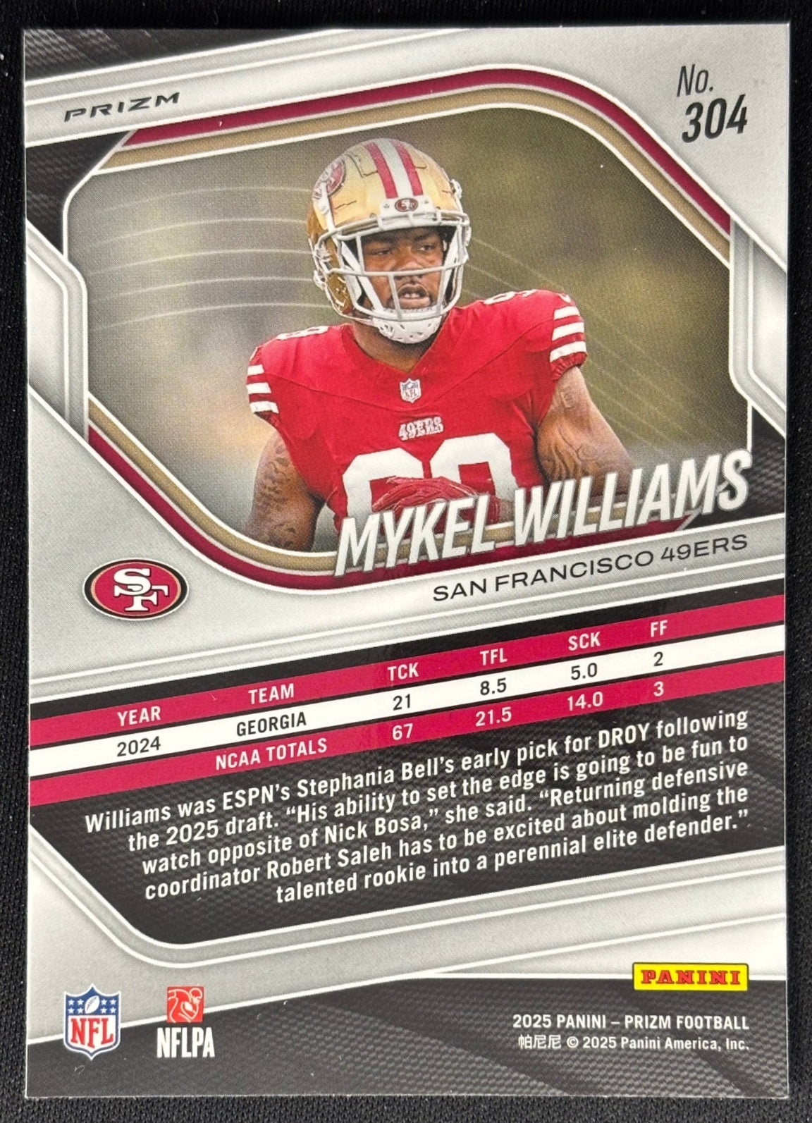 Mykel Williams 2025 Prizm Silver Prizms 49ers - back