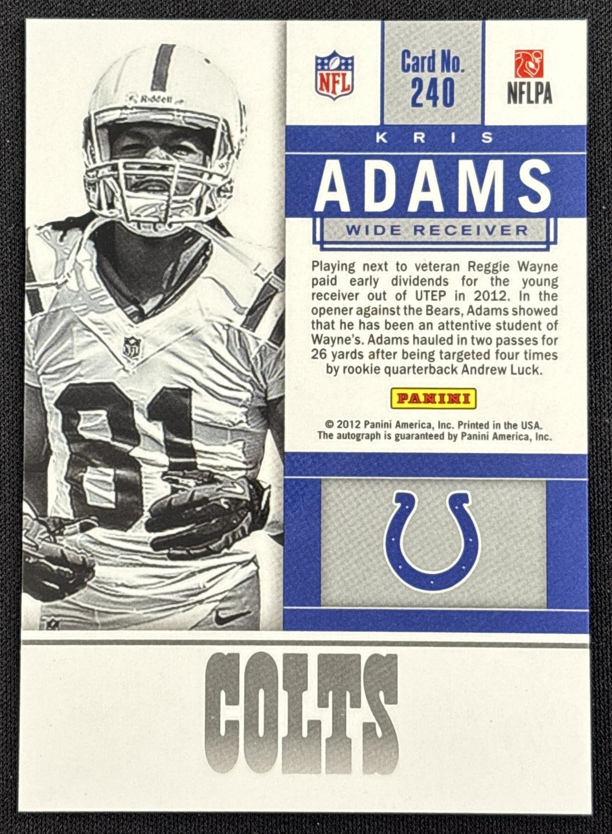 Kris Adams 2012 Panini Contenders Rookie Auto Colts Indianapolis Colts