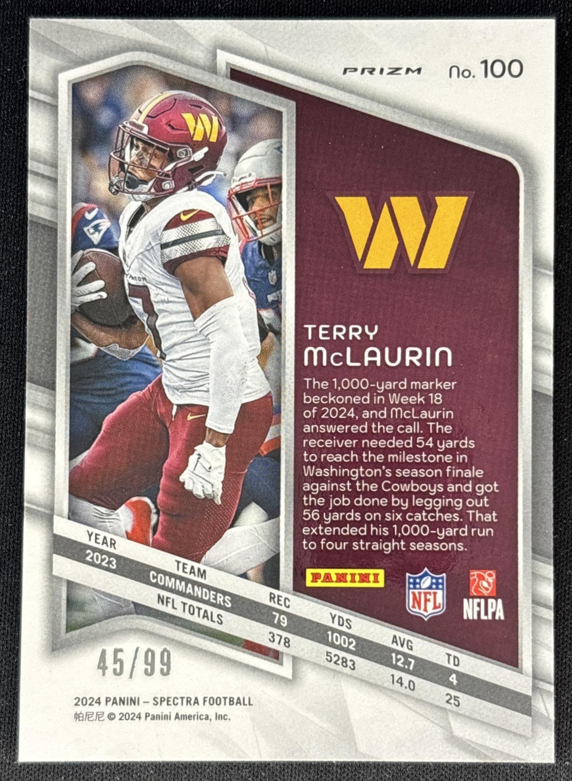Terry McLaurin 2024 Panini Spectra Celestial /99 Commanders back