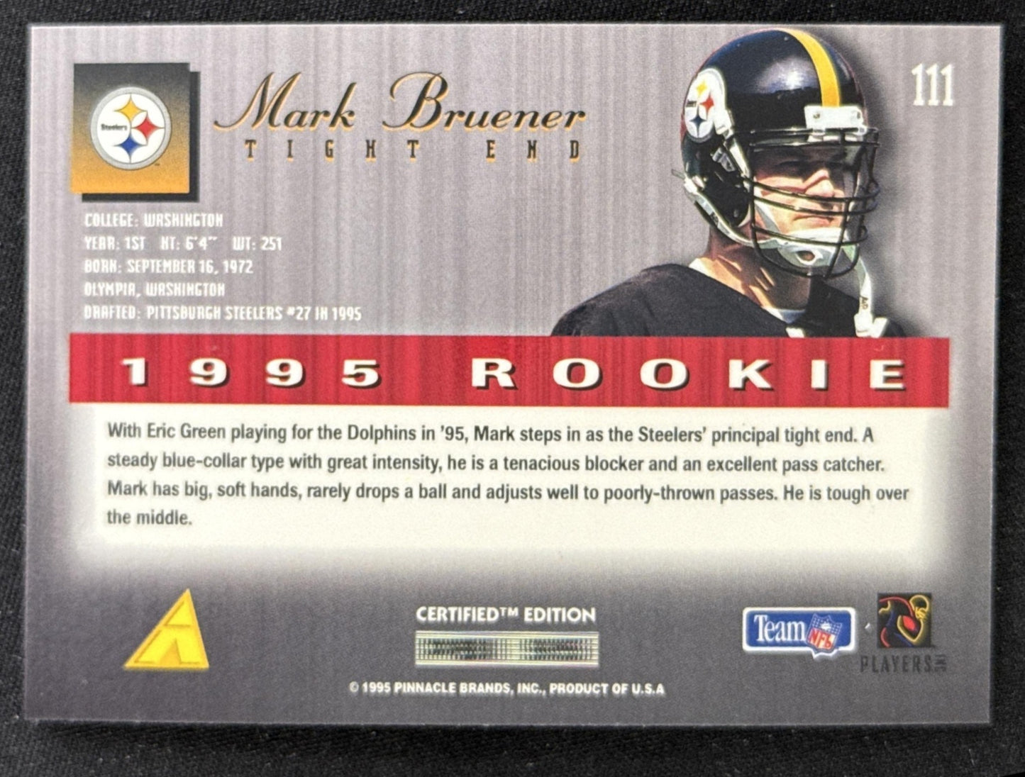 Mark Bruener 1995 Pinnacle Select Certified Steelers Sports Trading Card