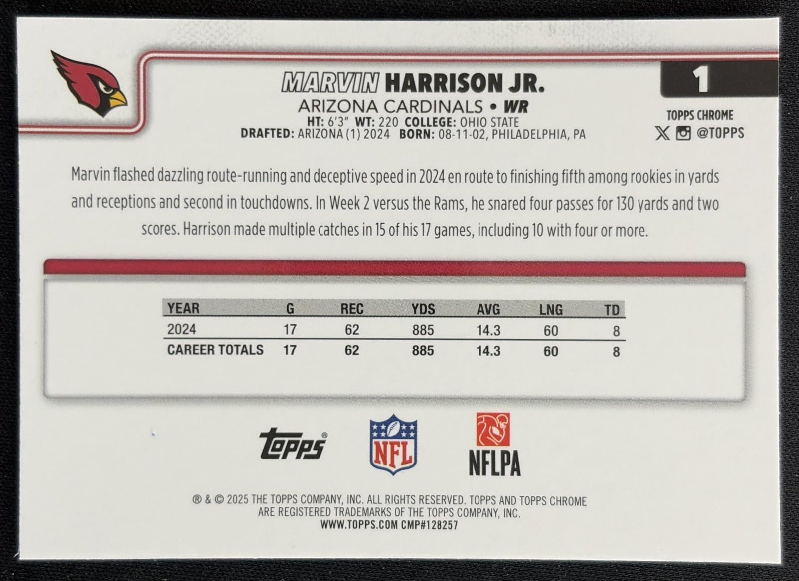 Marvin Harrison Jr. 2025 Topps Chrome Red/White/Blue Refractor Cardinals back