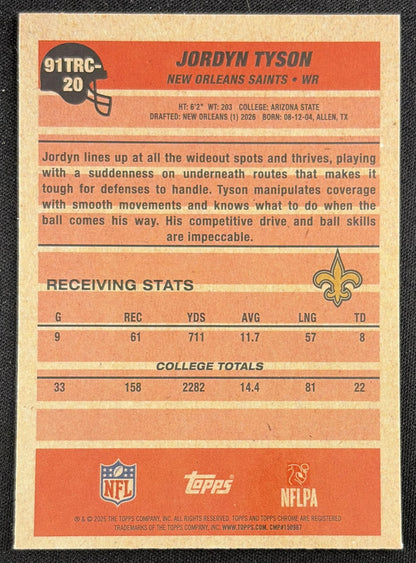 Jordyn Tyson 2026 Topps 1991 Chrome Rookie Mojo Refractor Saints back