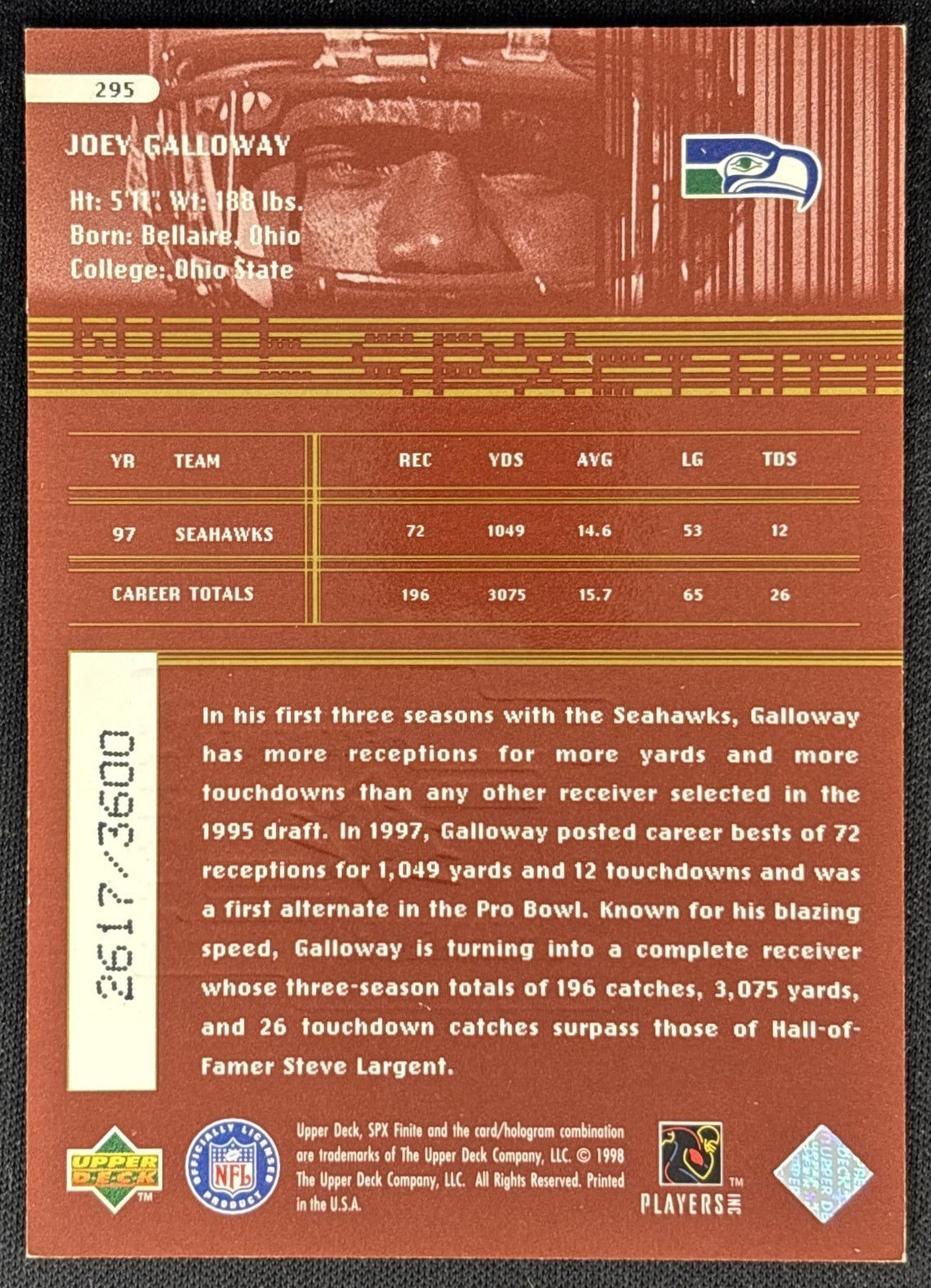 Joey Galloway 1998 SPx Finite Radiance /3600 Seahawks back