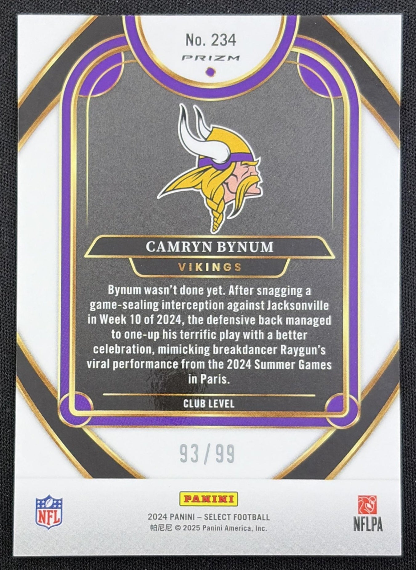 Camryn Bynum 2024 Panini Select Club Blue Prizm /99 Vikings