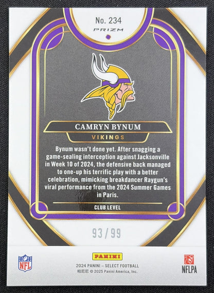 Camryn Bynum 2024 Panini Select Club Blue Prizm /99 Vikings