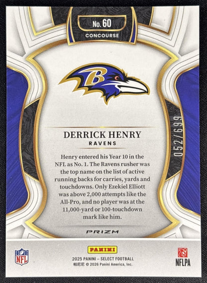 Derrick Henry 2025 Panini Select Concourse Purple Prizm Shock /699 Ravens back