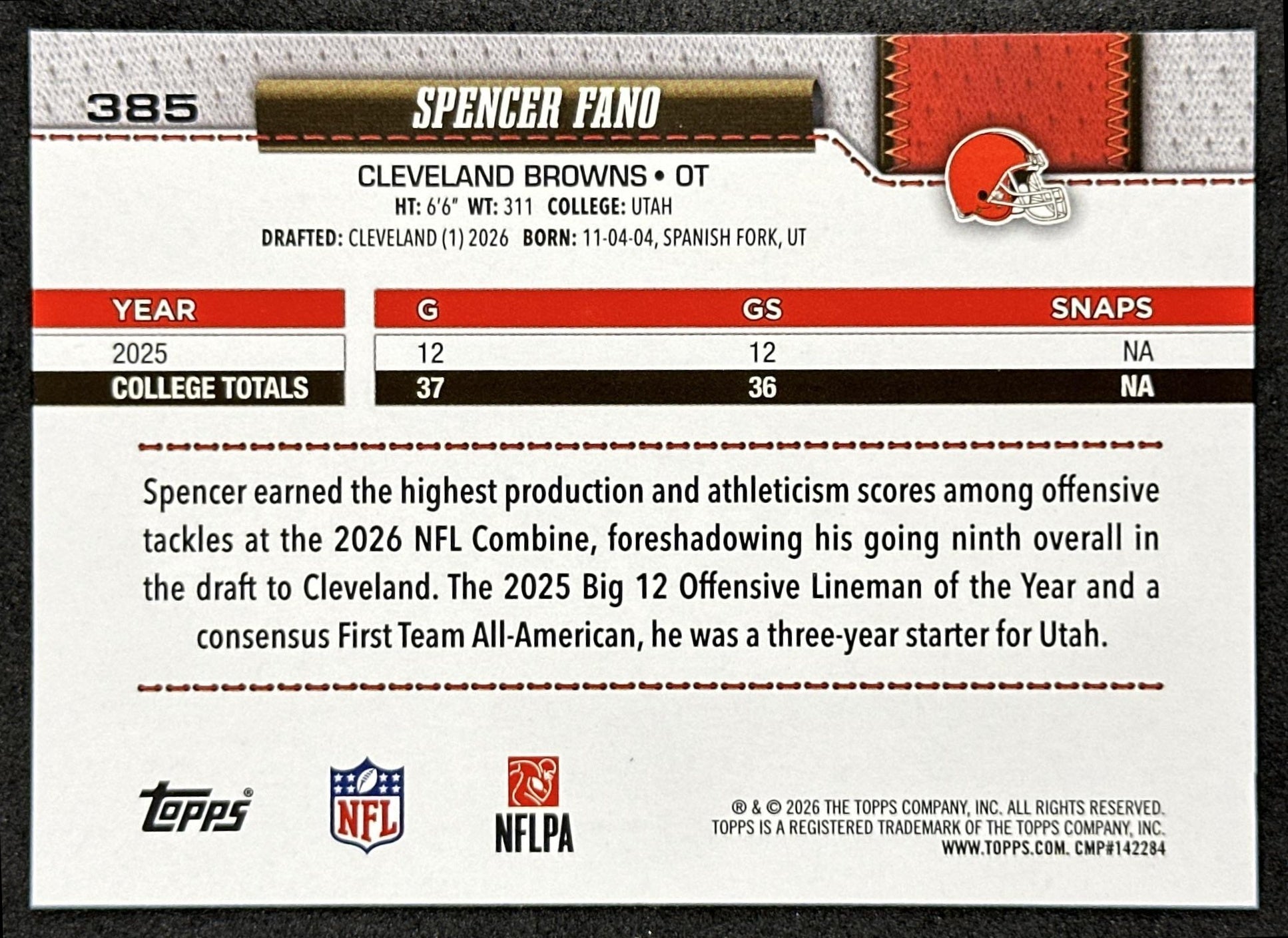 Spencer Fano 2026 Topps Flagship Rookie Browns Sports Trading Cards