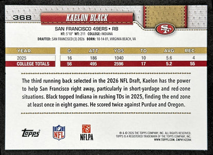 Kaelon Black 2026 Topps Flagship Rookie 49ers Sports Trading Cards