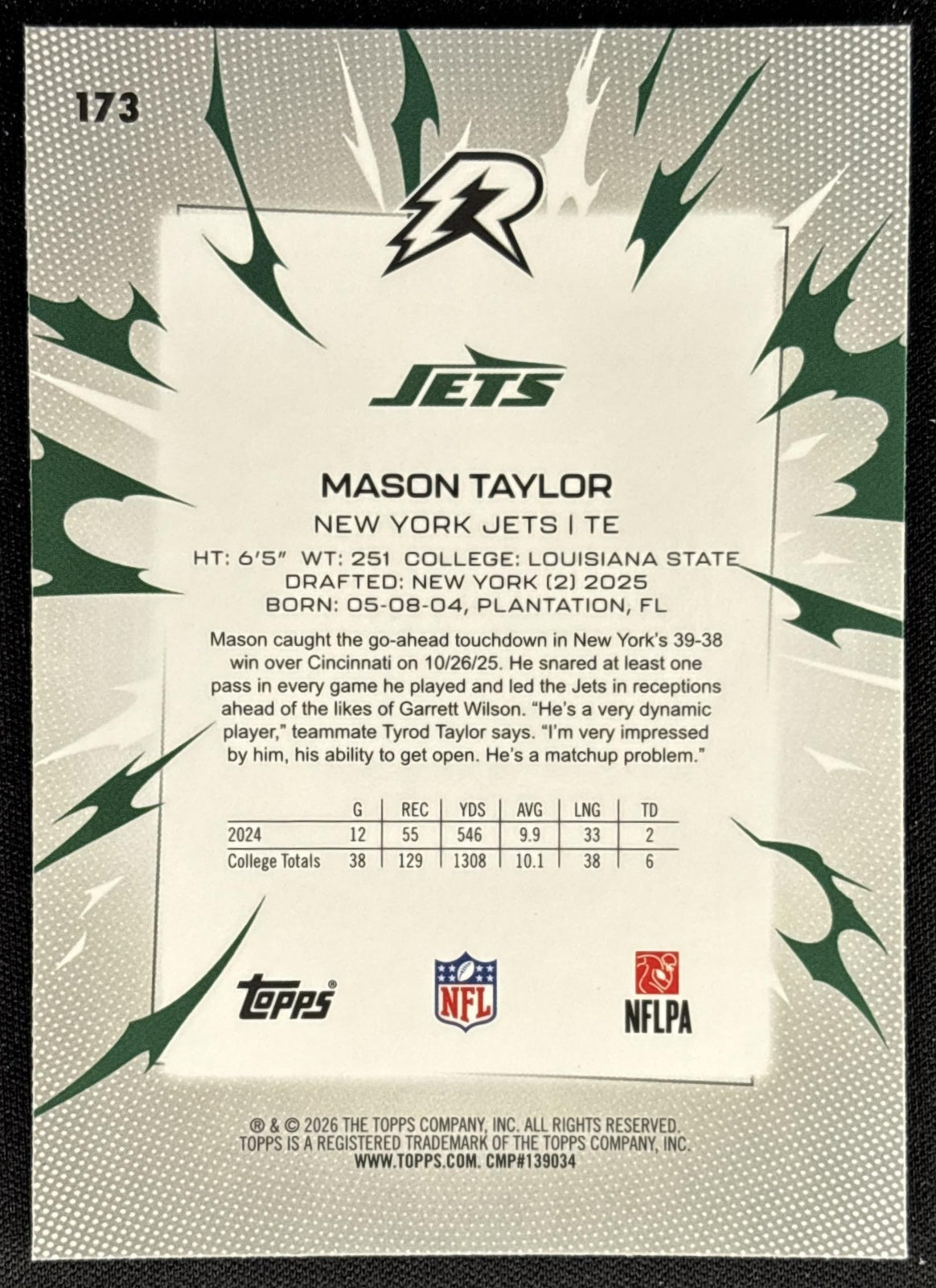 Mason Taylor 2025 Topps Resurgence Blue and Orange Spark Refractor Jets