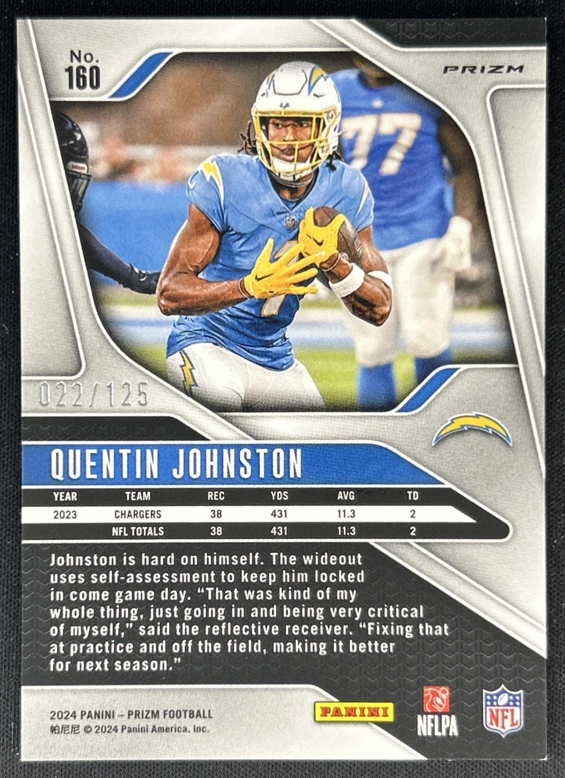 Quentin Johnston 2024 Panini Prizm Purple /125 Chargers back