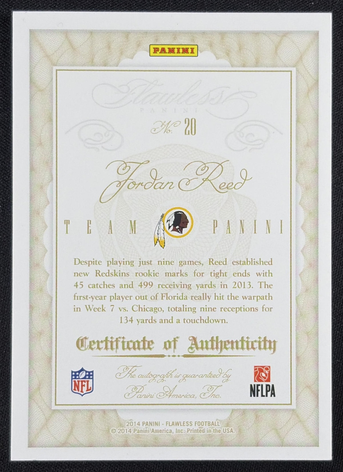 Jordan Reed 2014 Panini Flawless Team Auto Gold /10 Redskins Sports Trading Card
